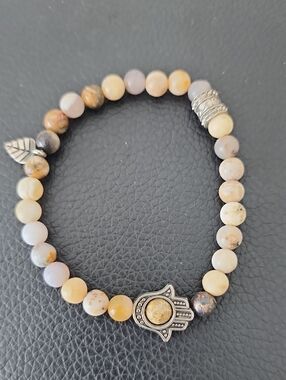 Beaded Hamsa Charm Bracelet in Beige and Cream